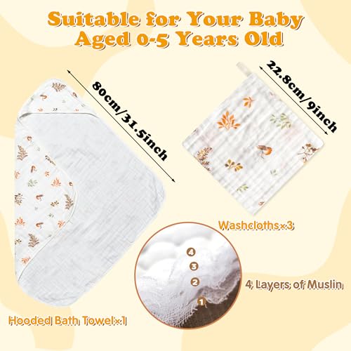 Zainpe 4Pcs Muslin Baby Hood Towel Set Leaves Pattern