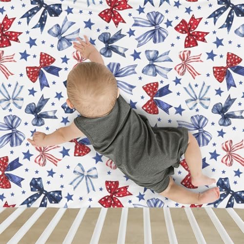 Red White Blue Bows Crib Sheets 28x52 Patriotic Fitted Mattress Covers