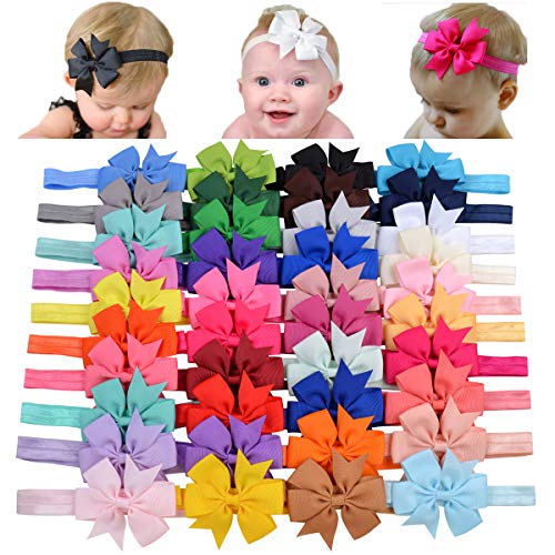 Jollybows 40pcs Baby Girls Grosgrain Ribbon Hair Bows Headbands 12pcs Nylon Elastic Headbands