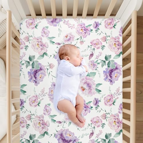 HNHUAMING Crib Sheet Fitted 52 X 28 Ultra Soft Breathable Purple Floral