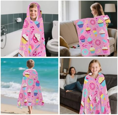 Pink Cartoon Cake Hooded Beach Towel for Kids