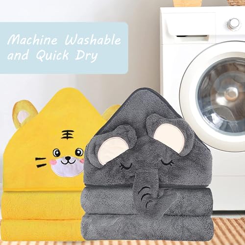2 Pack Hooded Baby Towels with Elephant Tiger Designs