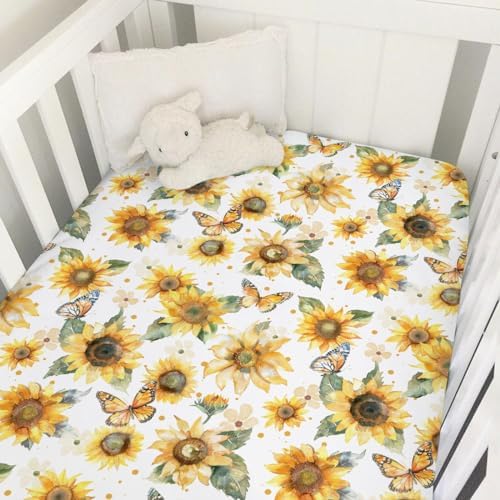 Watercolor Sunflowers Butterflies Crib Sheet 52x28