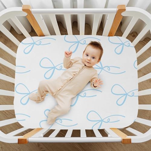 KICPOAY Bow Knots Ribbons Blue Crib Sheets for Baby Toddler