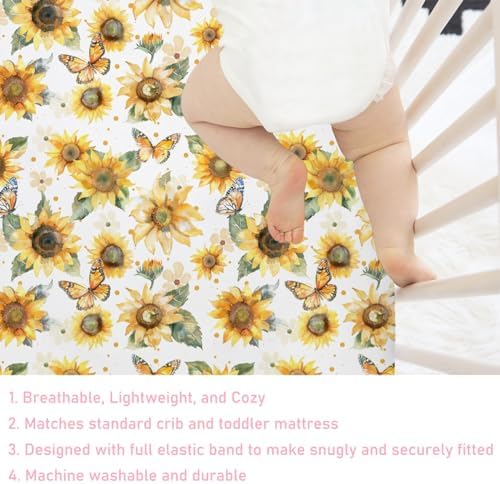 Watercolor Sunflowers Butterflies Crib Sheet 52x28