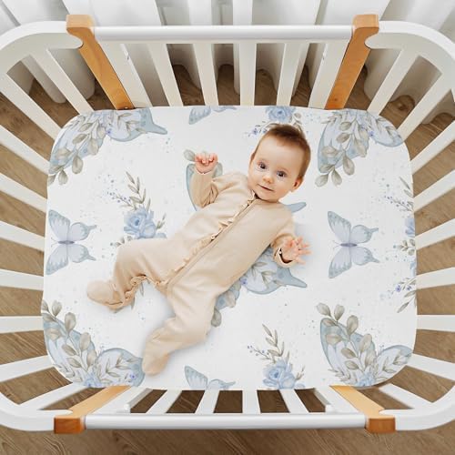 Blue Butterfly Flowers Leaves Crib Sheet for Baby Toddler