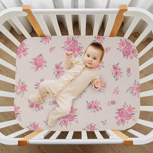 KICPOAY Spring Pink Flowers Fitted Crib Sheets
