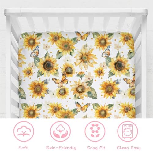 Watercolor Sunflowers Butterflies Crib Sheet 52x28