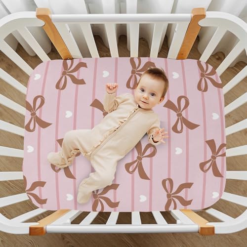 Navy Bow Heart Stripe Pink Crib Sheets for Baby Toddler