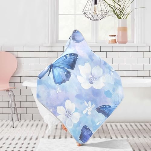 BOESI Blue Butterfly Baby Hooded Towel 35x35in Soft and Absorbent