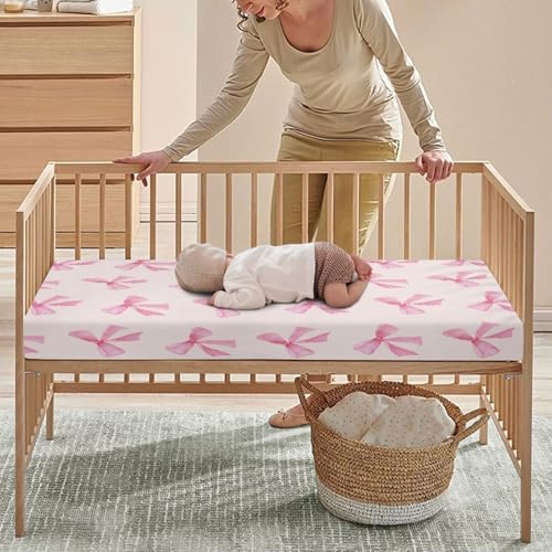 Streeyiu Pink Bow Fitted Crib Sheet for Boys Girls 52x28x8 in