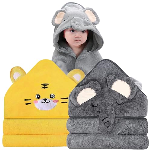 2 Pack Hooded Baby Towels with Elephant Tiger Designs