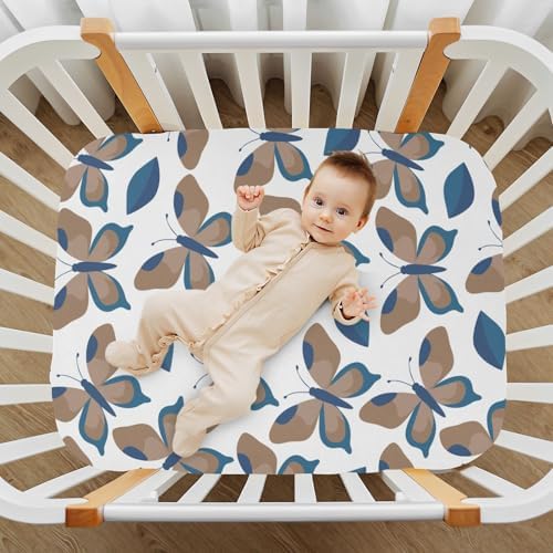 Brown Butterfly Blue Leaves Fitted Crib Sheet for Baby Toddler