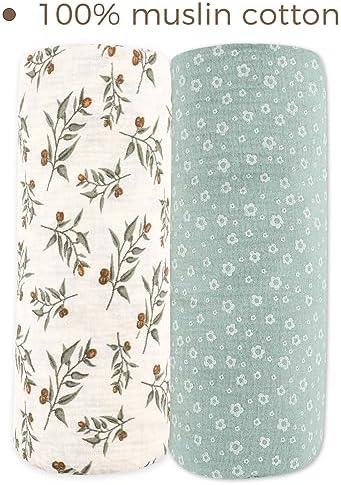 HNHUAMING Muslin Crib Sheets 2 Pack - Neutral Blue Green