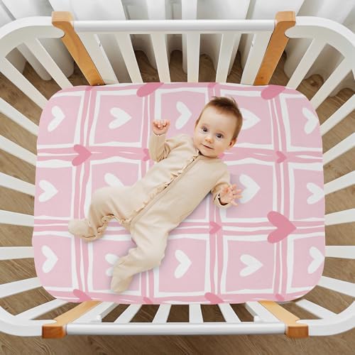 Pink Hearts Checkered Crib Sheets Stretchy Playard Sheets for Baby