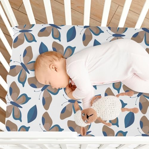 Brown Butterfly Blue Leaves Fitted Crib Sheet for Baby Toddler