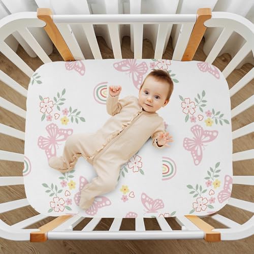 Pink Butterfly Flowers Leaves Fitted Crib Sheets for Baby Toddler