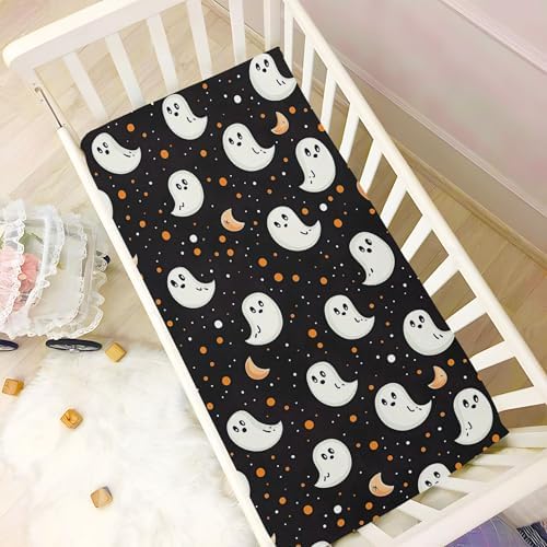 Qilmy Cartoon Ghosts and Moons Fitted Crib Sheet for Baby