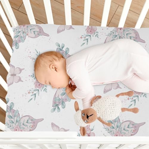 Pink Butterfly Flower Leaves Fitted Crib Sheets for Baby Toddler