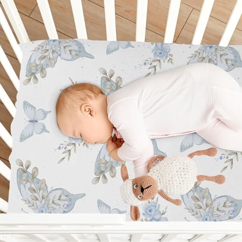 Blue Butterfly Flowers Leaves Crib Sheet for Baby Toddler