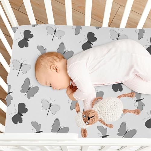 KICPOAY Black Grey Butterfly Crib Sheets Stretchy Playard Sheets for Baby Toddler