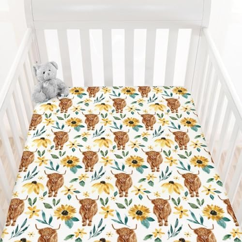 Highland Cow Sunflower Crib Sheet for Baby Girl 52x28