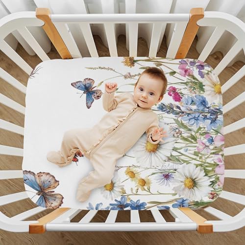 Qilmy Wildflowers and Butterflies Fitted Crib Sheet for Kids