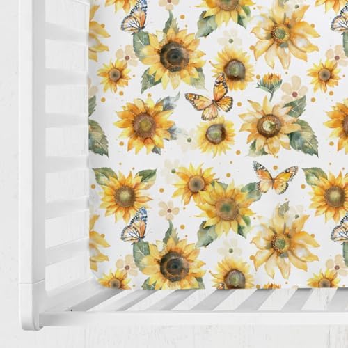 Watercolor Sunflowers Butterflies Crib Sheet 52x28