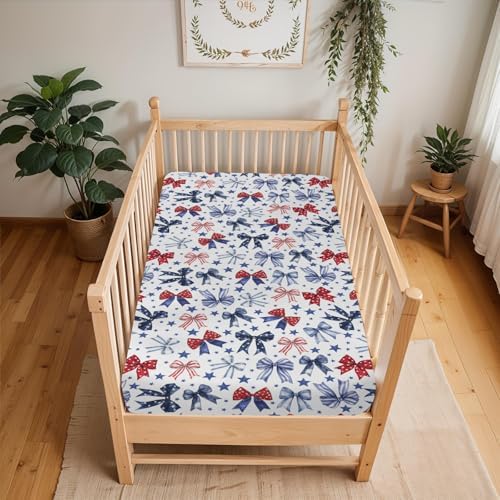 Red White Blue Bows Crib Sheets 28x52 Patriotic Fitted Mattress Covers