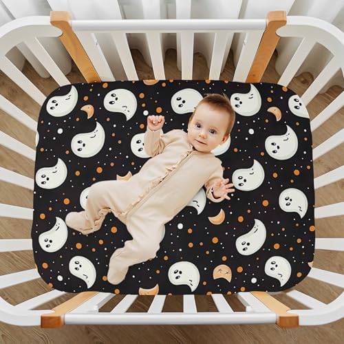 Qilmy Cartoon Ghosts and Moons Fitted Crib Sheet for Baby