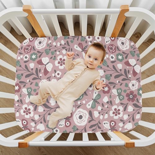 White Flowers Butterflies Pink Fitted Crib Sheets for Baby Toddler