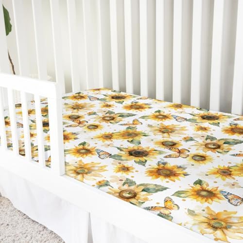 Watercolor Sunflowers Butterflies Crib Sheet 52x28