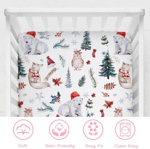 Cute Animals Crib Sheet 52x28 Winter Holiday Fitted Mattress Cover