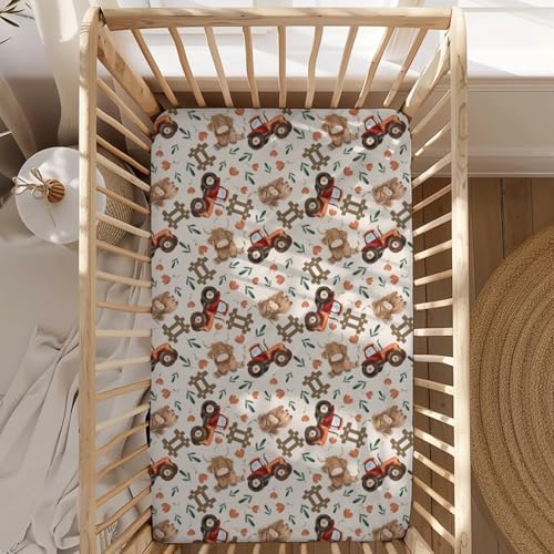Farm Highland Cow Tractor Baby Crib Sheet - 28x52