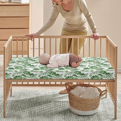 Tropical Leaf Crib Sheet 28x52 Green and White 1