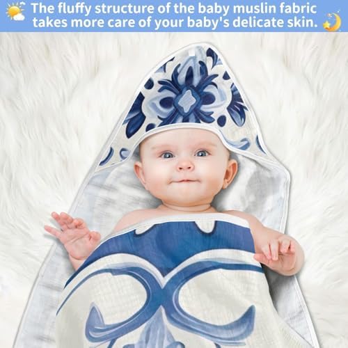 PaChyLuu Blue White Tiled Pattern Baby Hooded Towel 35x35 Inch