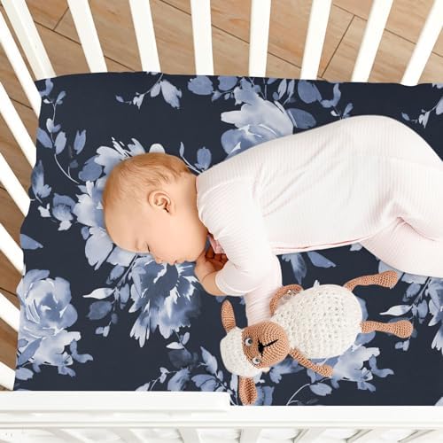 KICPOAY Indigo Floral Crib Sheets Stretchy Playard Sheets for Baby