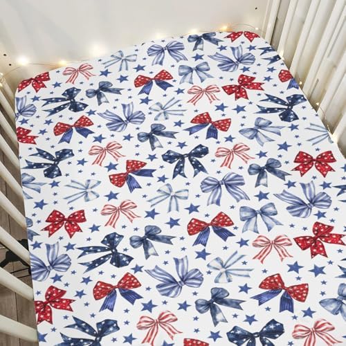 Red White Blue Bows Crib Sheets 28x52 Patriotic Fitted Mattress Covers
