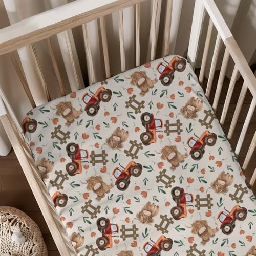 Farm Highland Cow Tractor Baby Crib Sheet - 28x52